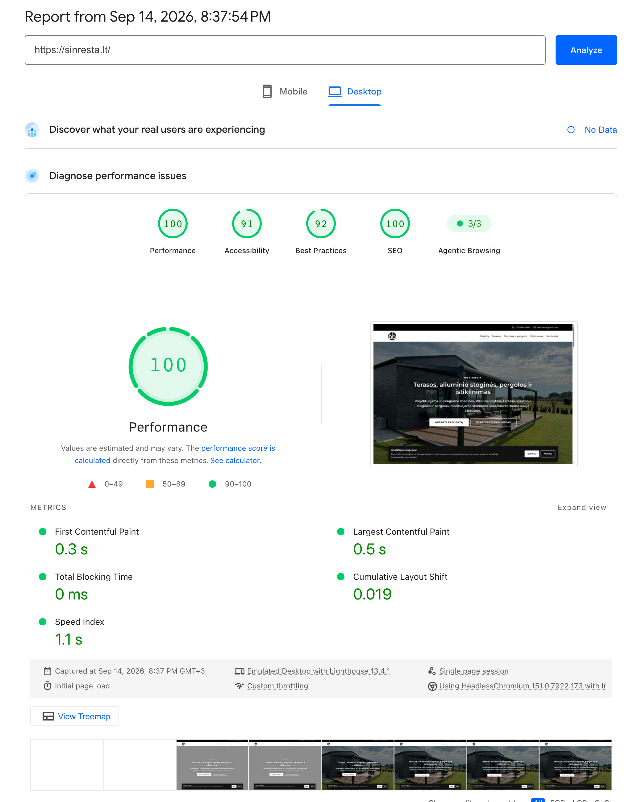 Google PageSpeed Insights ataskaita: Sinresta svetainė kompiuteryje