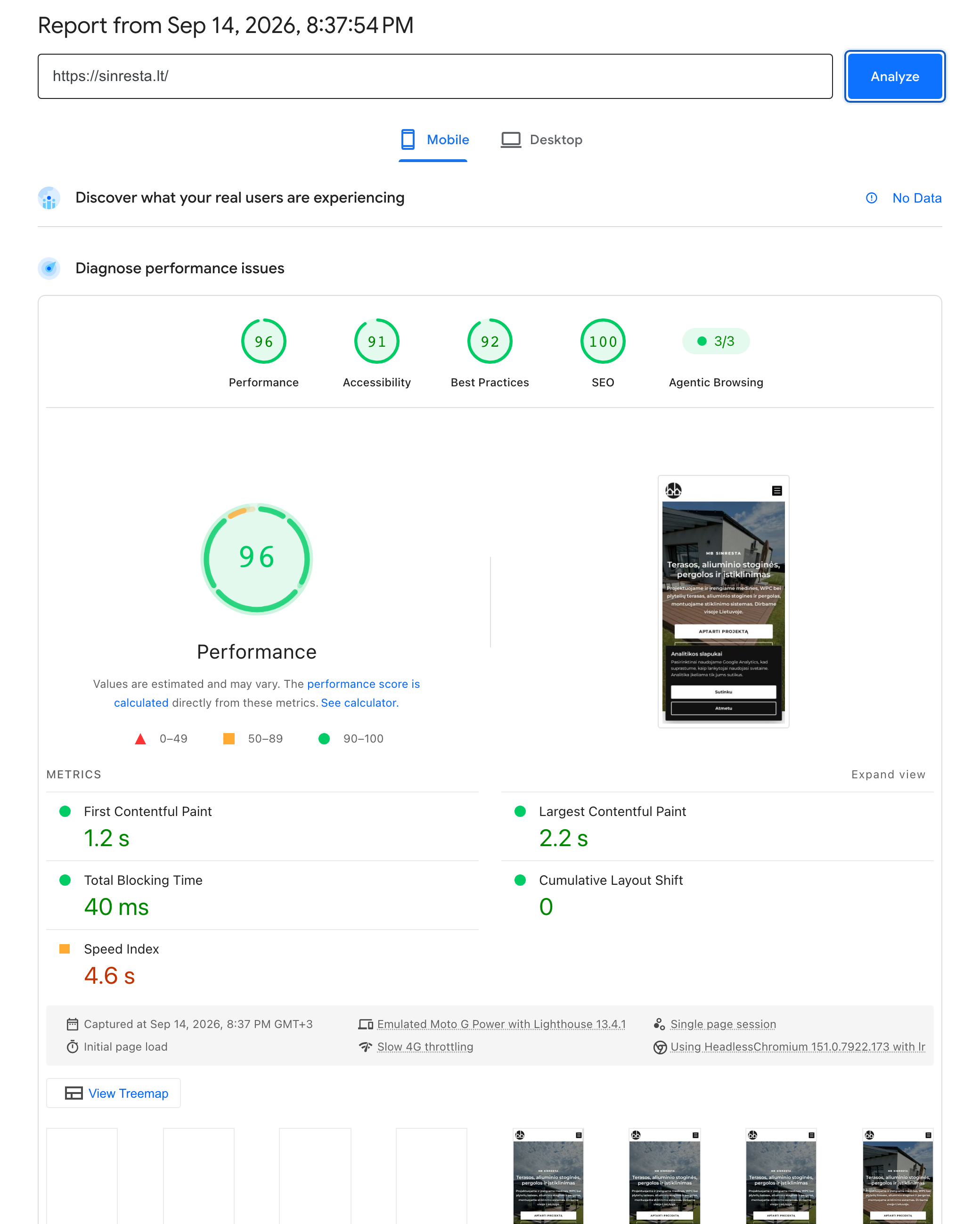 Google PageSpeed Insights ataskaita: Sinresta svetainė telefone